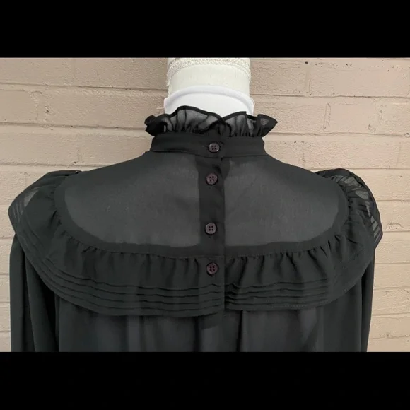 Vintage black ruffle collar shear blouse  XL - Picture 9 of 12
